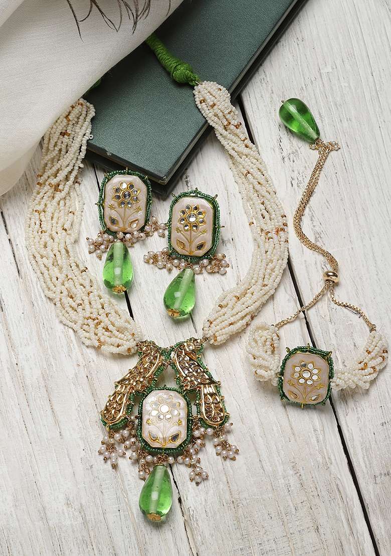 Cream And Green Gold Plated Kundan Pearl Necklace with Earring Necklace sets - Indya