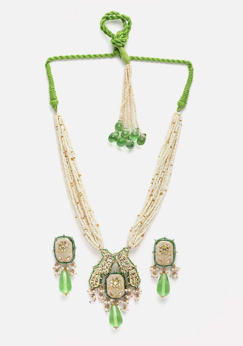 Cream And Green Gold Plated Kundan Pearl Necklace with Earring Necklace sets - Indya