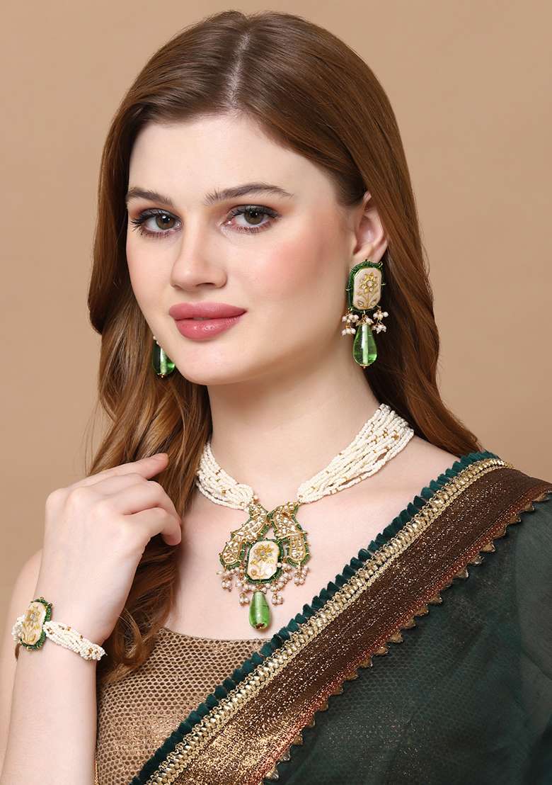 Cream And Green Gold Plated Kundan Pearl Necklace with Earring Necklace sets - Indya