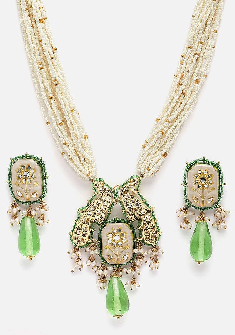 Cream And Green Gold Plated Kundan Pearl Necklace with Earring Necklace sets - Indya