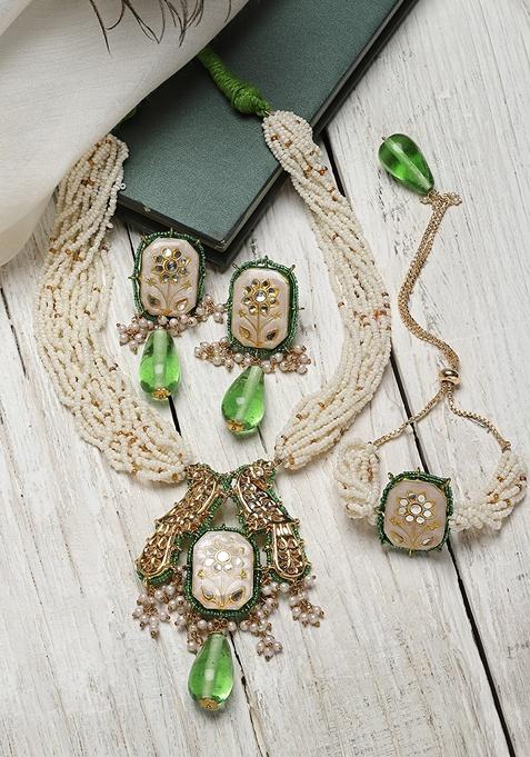 Cream And Green Gold Plated Kundan Pearl Necklace with Earring Necklace sets