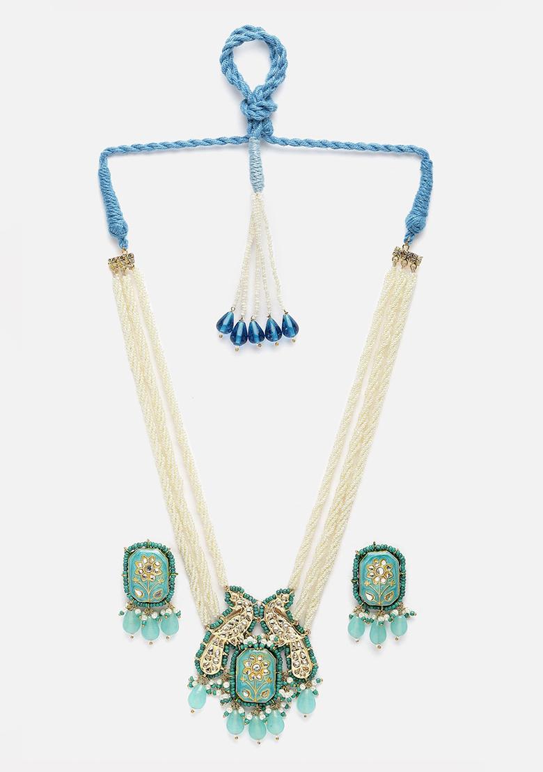 Blue And Cream Gold Plated Pearl Kundan Necklace with Earring Necklace sets - Indya