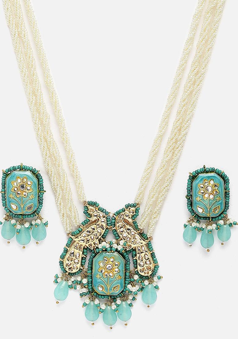 Blue And Cream Gold Plated Pearl Kundan Necklace with Earring Necklace sets - Indya