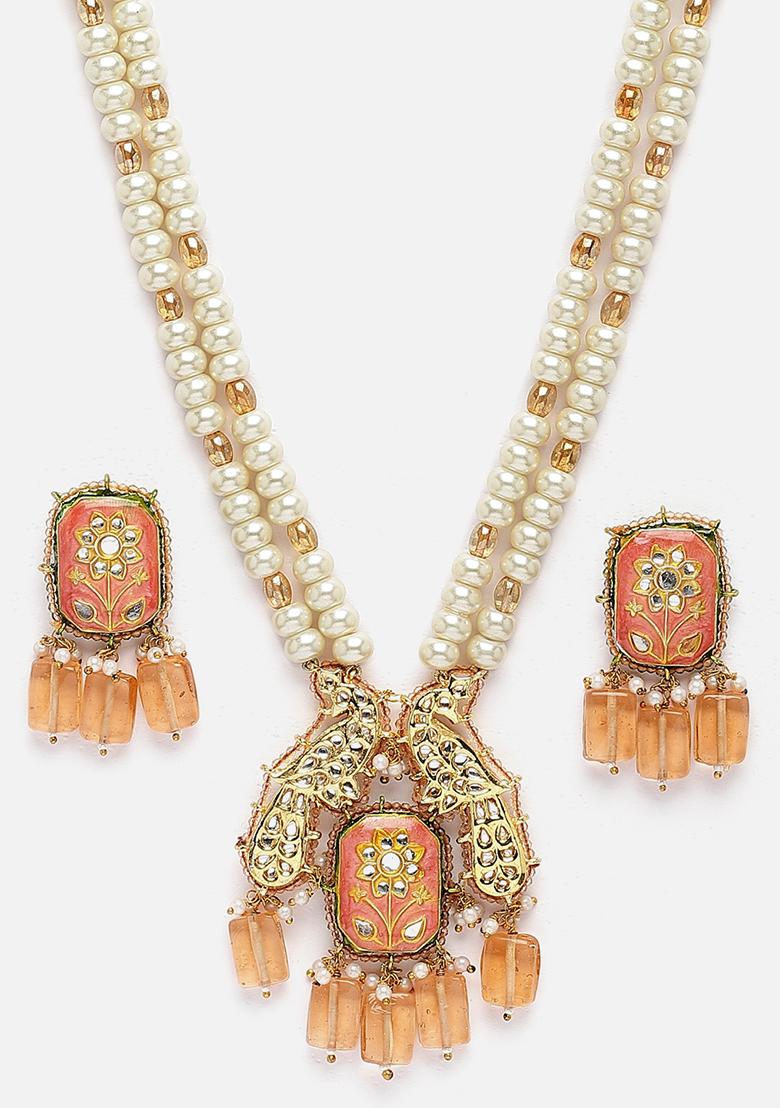 Orange And Cream Gold Plated Pearl Kundan Necklace with Earring Necklace sets - Indya