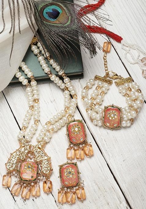 Orange And Cream Gold Plated Pearl Kundan Necklace with Earring Necklace sets