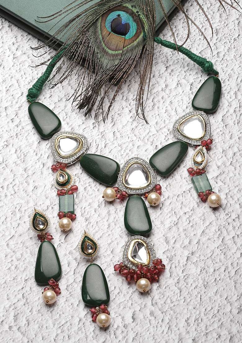 Green And Pink Gold Plated Kundan American Diamond Necklace with Earring Necklace sets - Indya
