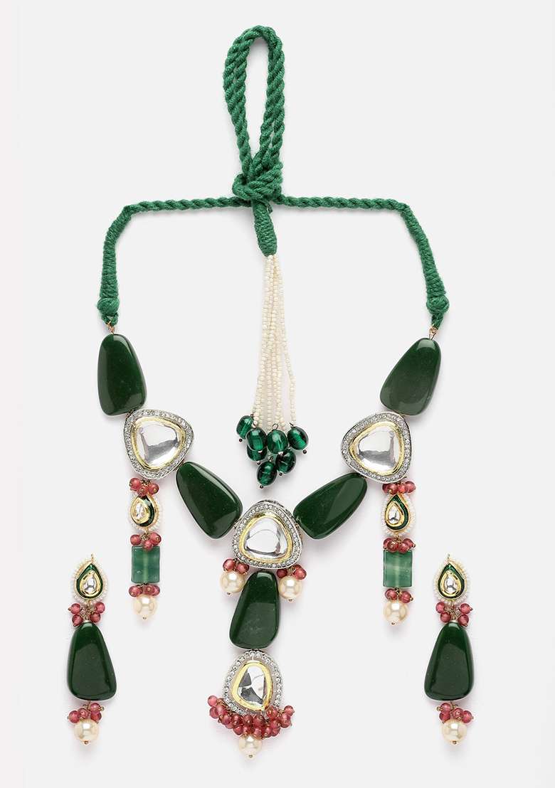 Green And Pink Gold Plated Kundan American Diamond Necklace with Earring Necklace sets - Indya