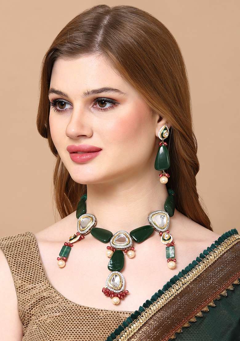 Green And Pink Gold Plated Kundan American Diamond Necklace with Earring Necklace sets - Indya