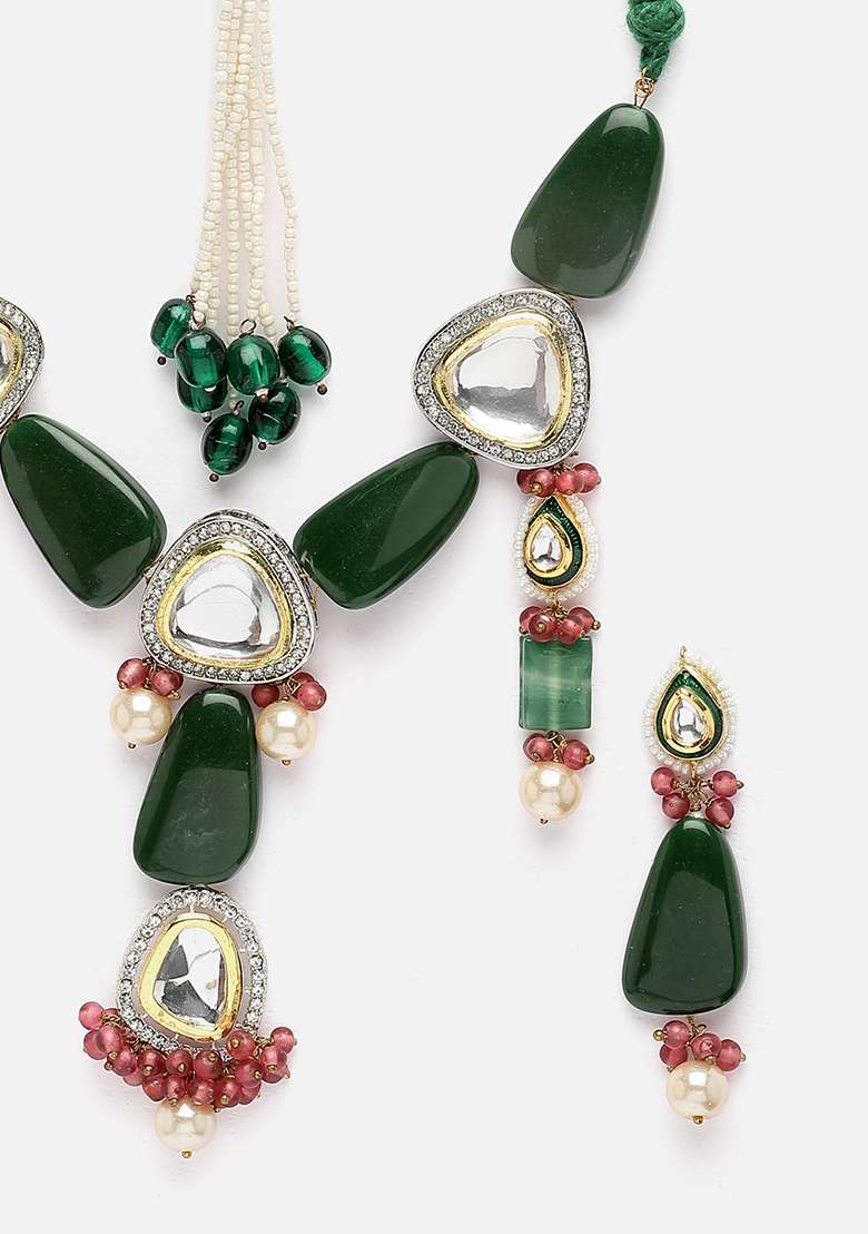 Green And Pink Gold Plated Kundan American Diamond Necklace with Earring Necklace sets - Indya