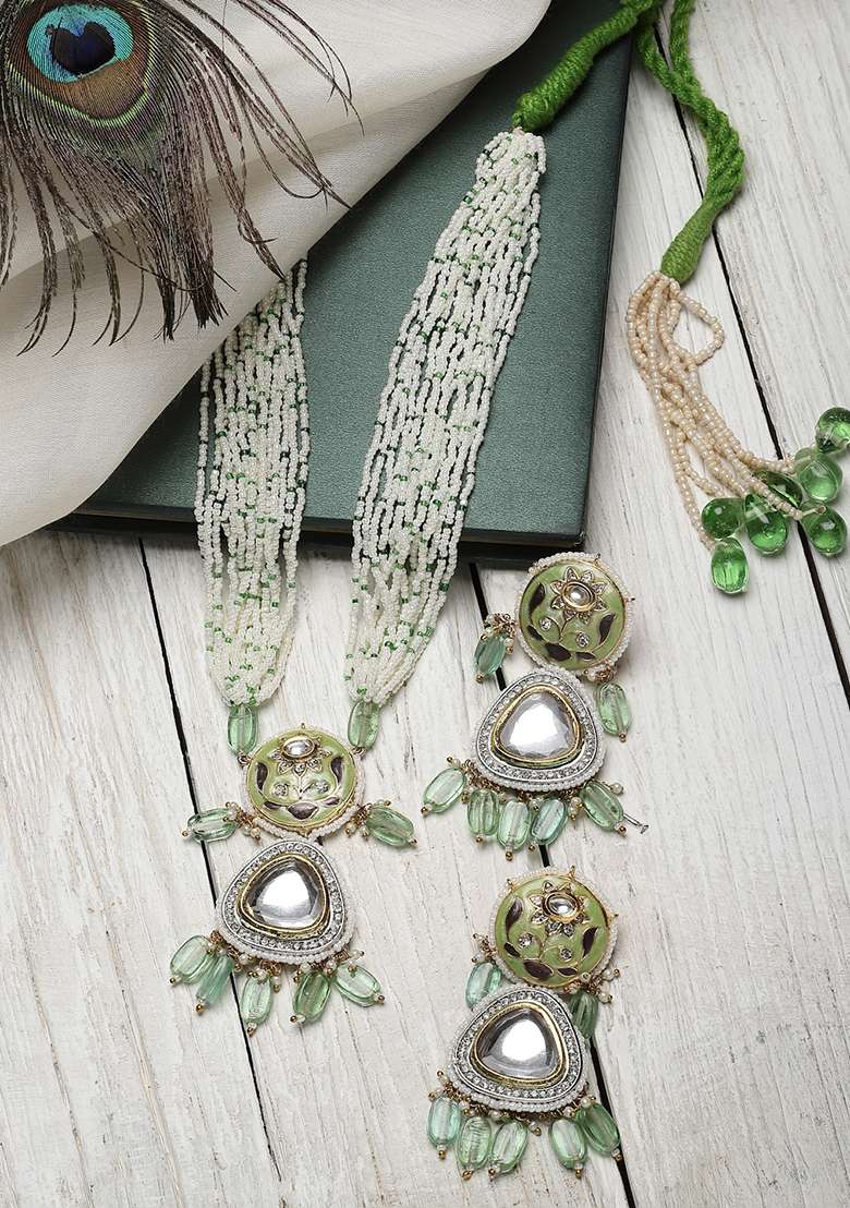 Green And Grey Gold Plated Kundan American Diamond Necklace with Earring Necklace sets - Indya