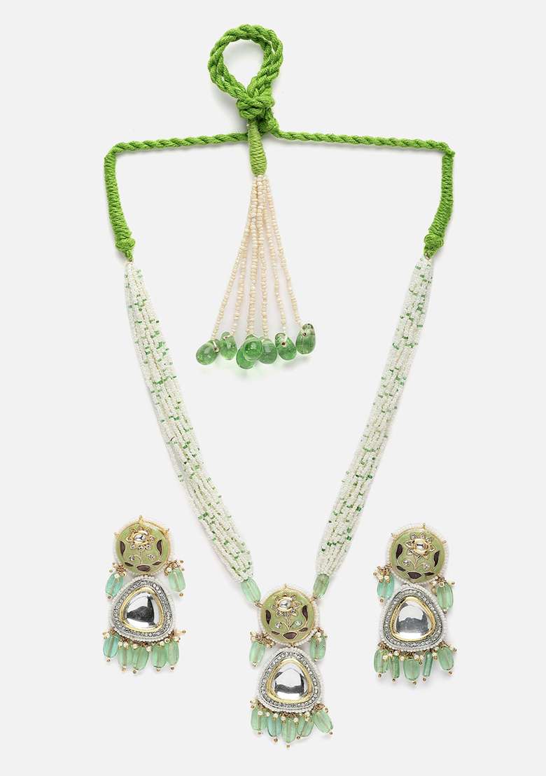 Green And Grey Gold Plated Kundan American Diamond Necklace with Earring Necklace sets - Indya