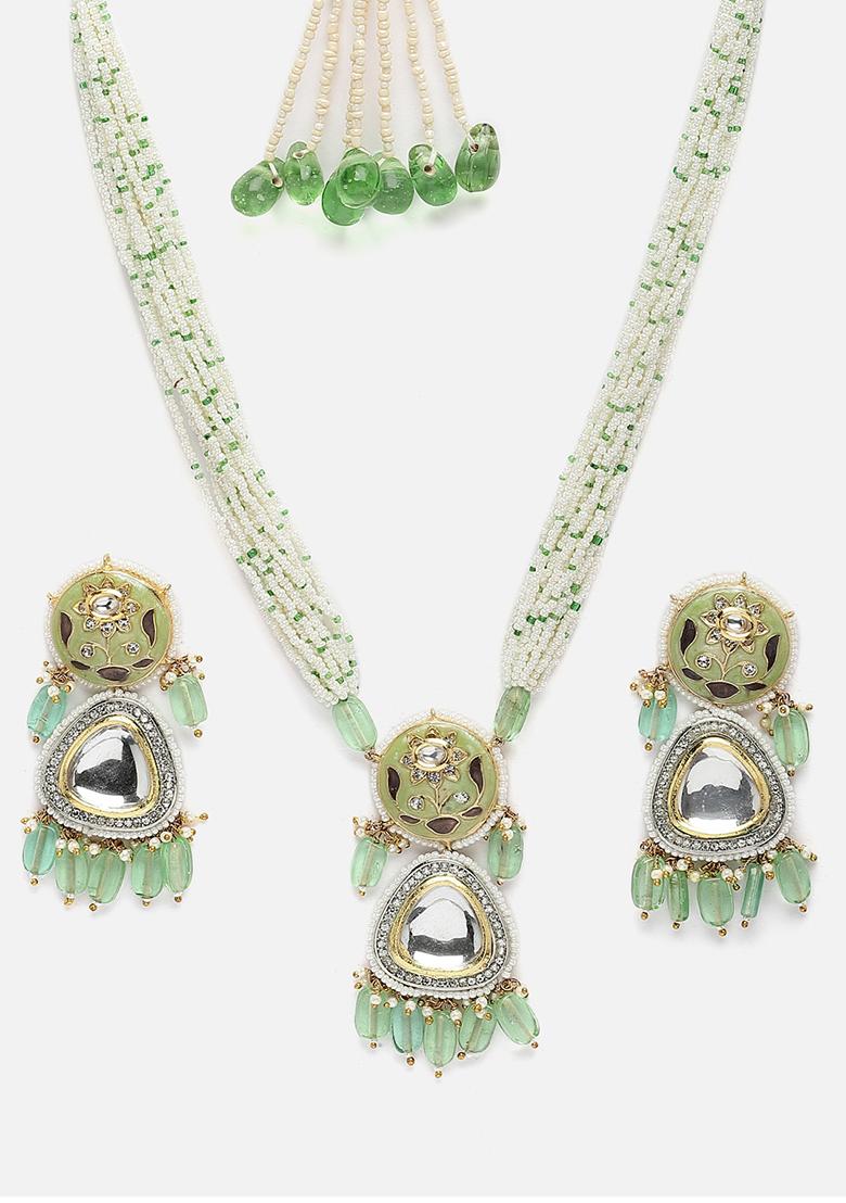 Green And Grey Gold Plated Kundan American Diamond Necklace with Earring Necklace sets - Indya