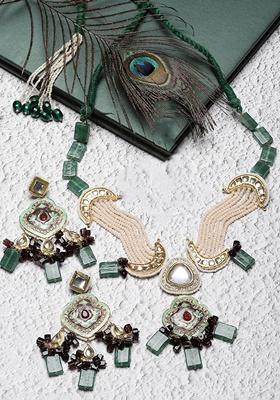 Blue And Grey Gold Plated Kundan American Diamond Necklace with Earring Necklace sets