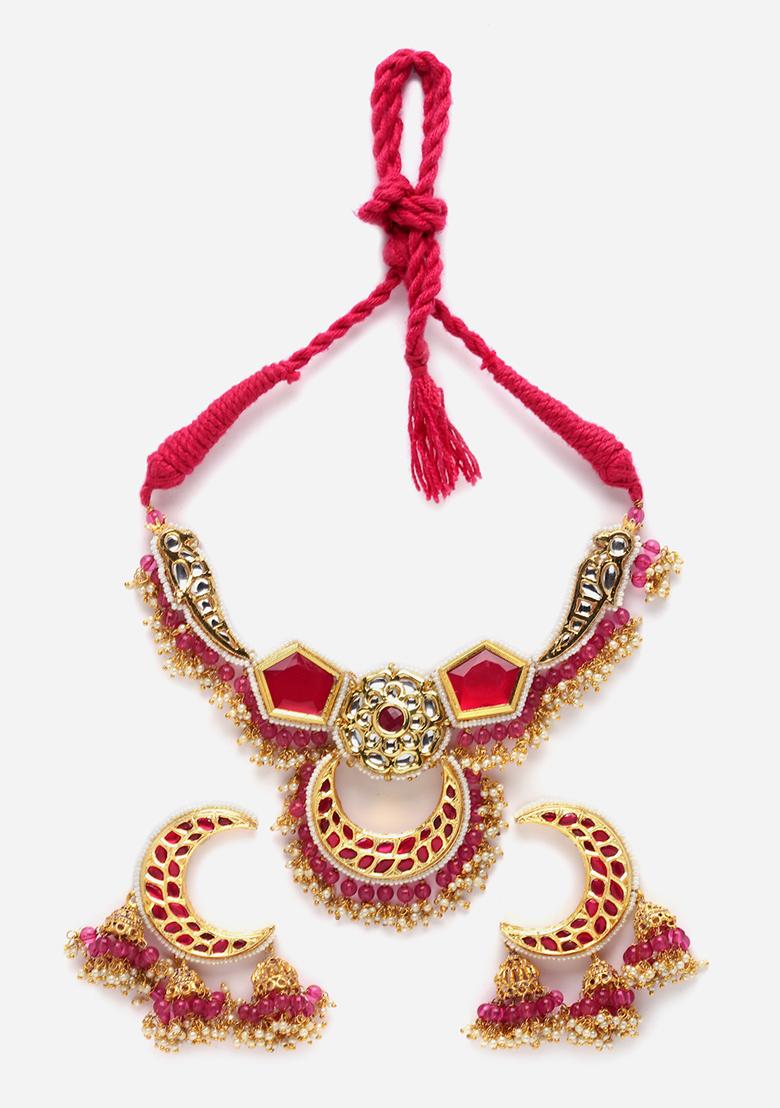 Pink And Red Gold Plated Kundan Pearl Necklace with Earring Necklace sets