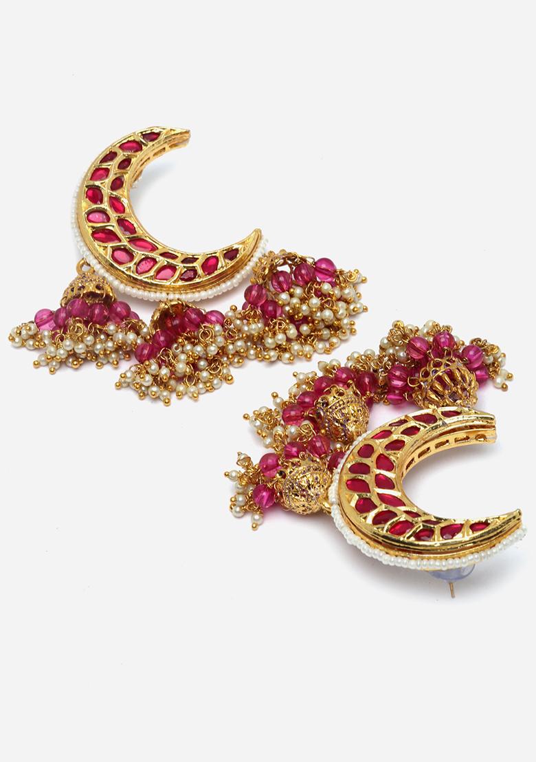 Pink And Red Gold Plated Kundan Pearl Necklace with Earring Necklace sets