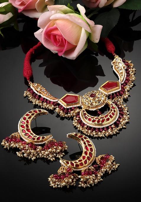 Pink And Red Gold Plated Kundan Pearl Necklace with Earring Necklace sets