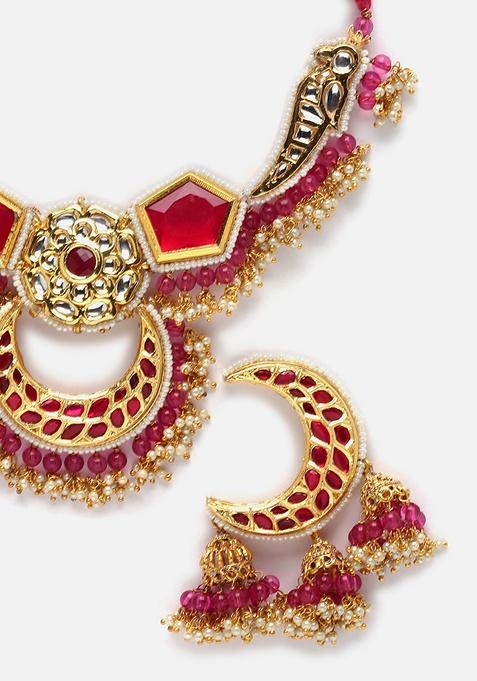 Pink And Red Gold Plated Kundan Pearl Necklace with Earring Necklace sets