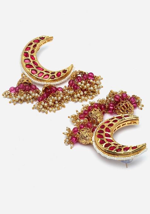Pink And Red Gold Plated Kundan Pearl Necklace with Earring Necklace sets