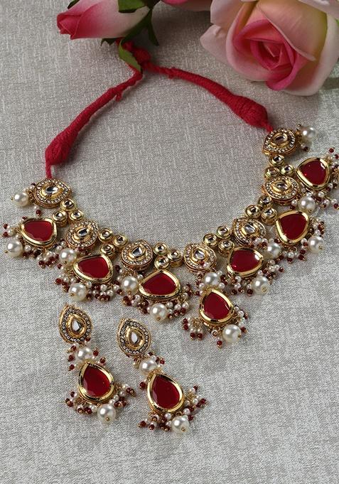 Pink And Red Gold Plated Kundan American Diamond Necklace with Earring Necklace sets