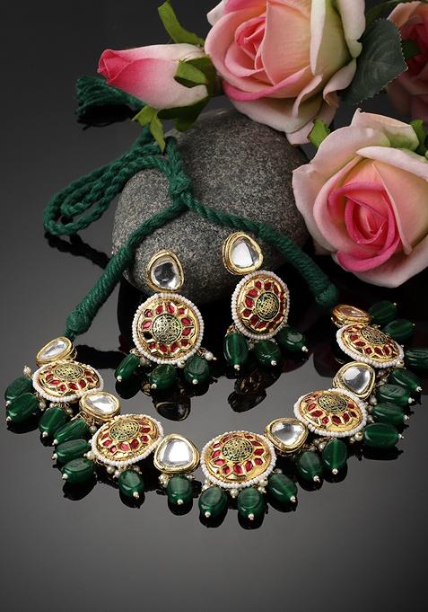 Green And Pink Gold Plated Kundan Pearl Necklace with Earring Necklace sets