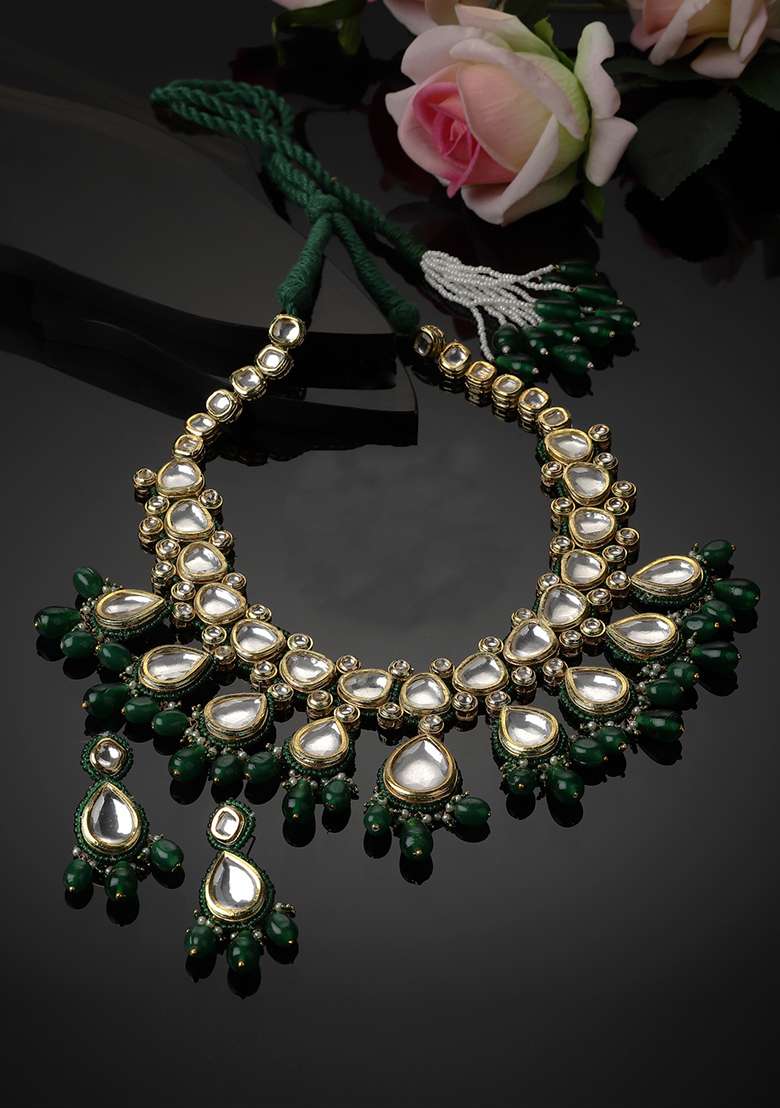 Green Gold Plated Kundan Pearl Necklace with Earring Necklace sets - Indya
