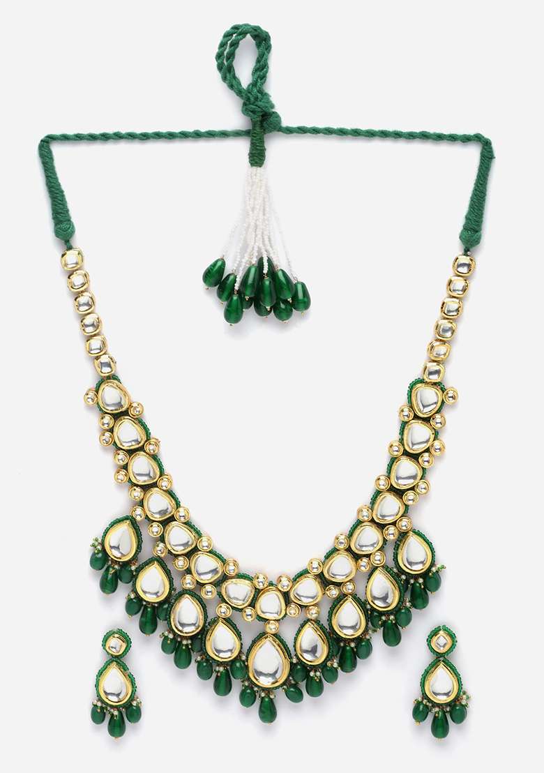 Green Gold Plated Kundan Pearl Necklace with Earring Necklace sets - Indya