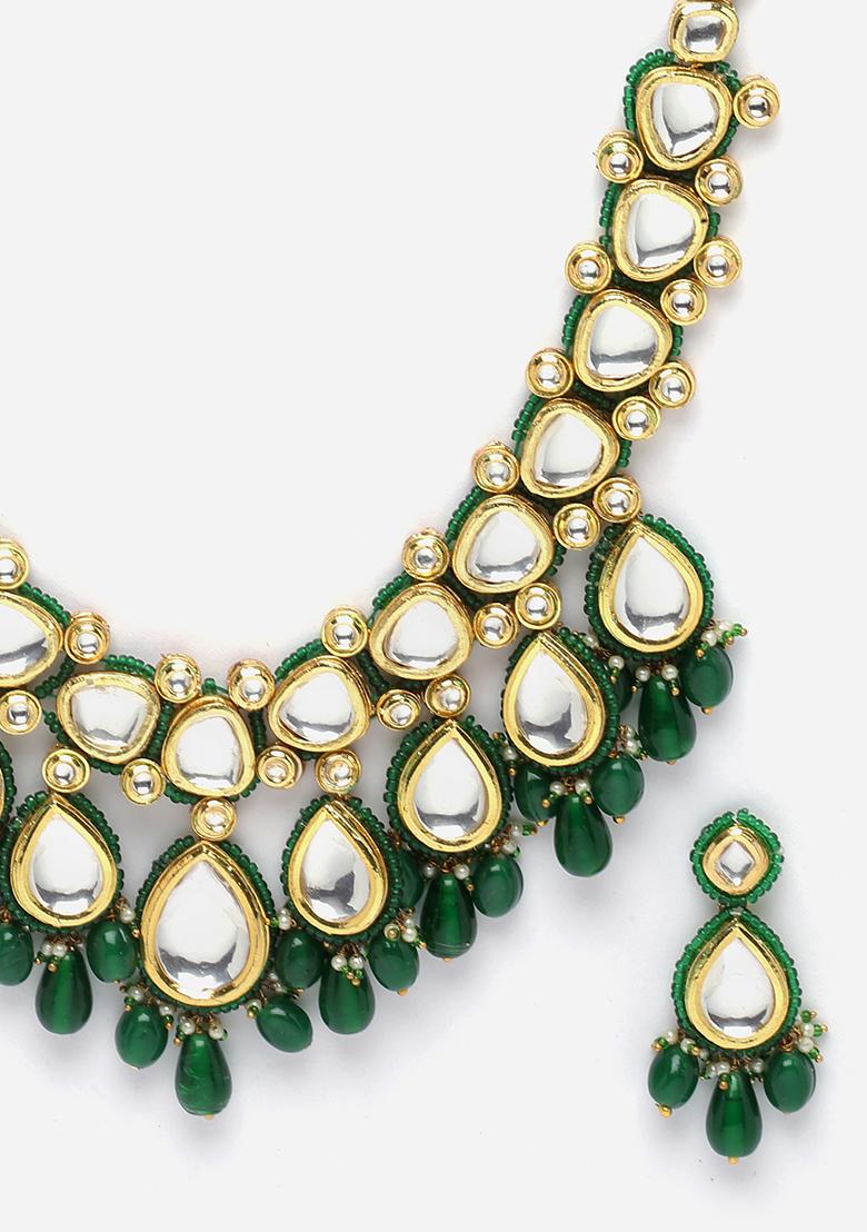 Green Gold Plated Kundan Pearl Necklace with Earring Necklace sets - Indya