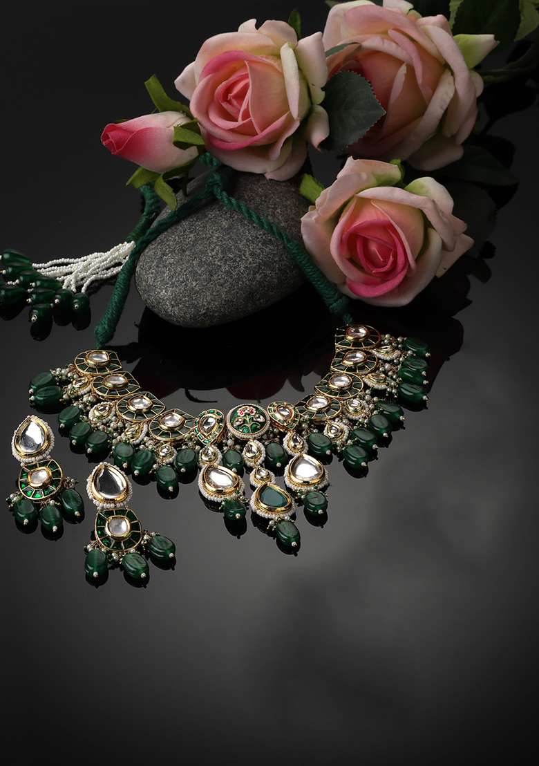 Green Gold Plated Kundan Pearl Necklace with Earring Necklace sets - Indya