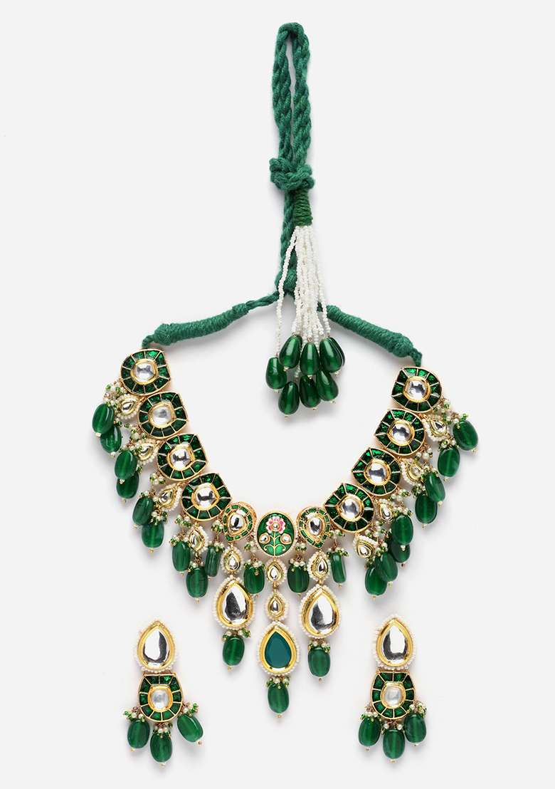 Green Gold Plated Kundan Pearl Necklace with Earring Necklace sets - Indya