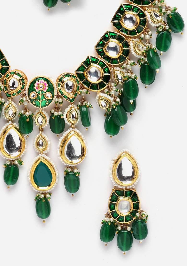 Green Gold Plated Kundan Pearl Necklace with Earring Necklace sets - Indya