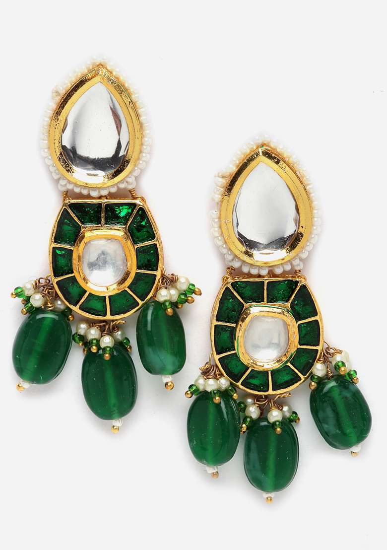 Green Gold Plated Kundan Pearl Necklace with Earring Necklace sets - Indya