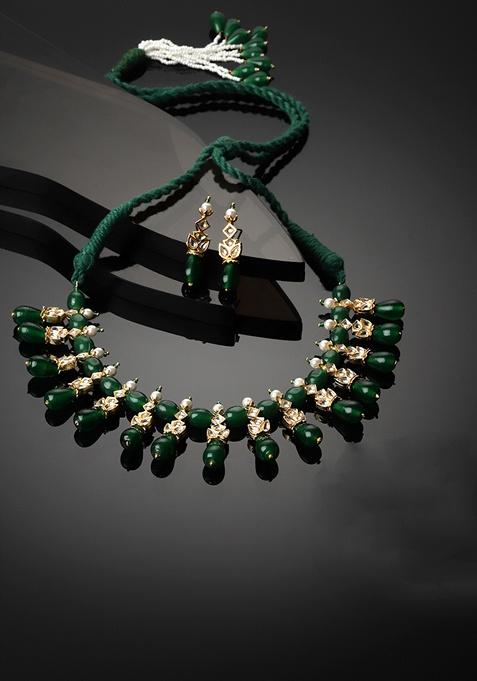 Green Gold Plated Kundan Pearl Necklace with Earring Necklace sets