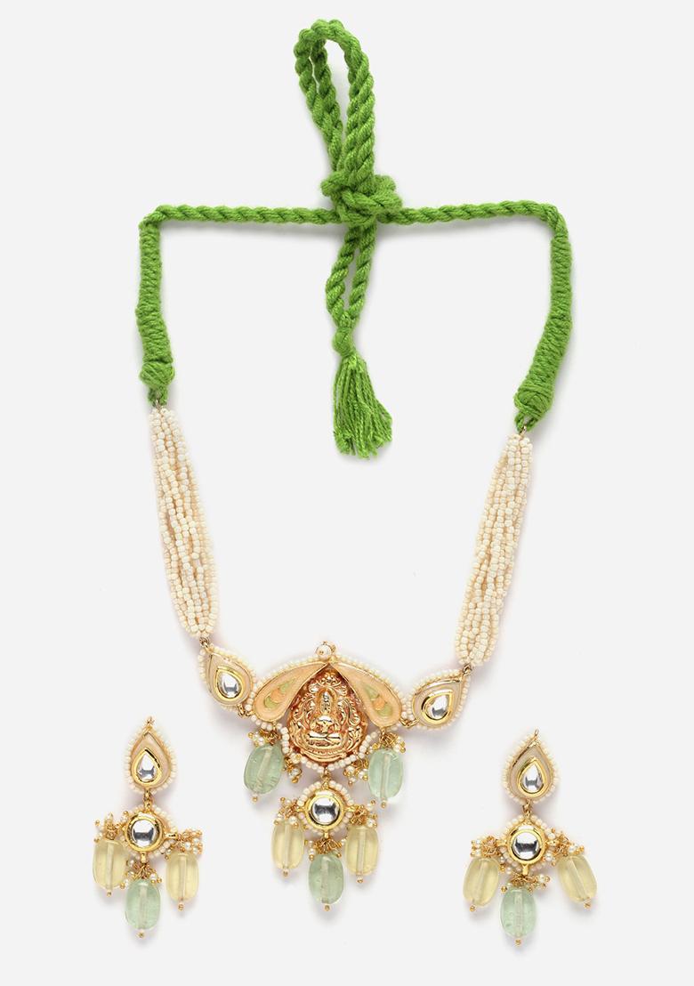 Yellow And Green Gold Plated Kundan Pearl Necklace with Earring Necklace sets