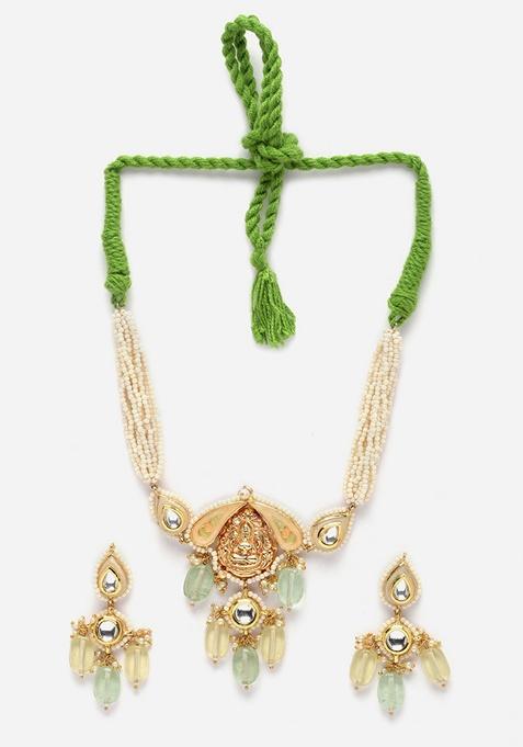 Yellow And Green Gold Plated Kundan Pearl Necklace with Earring Necklace sets