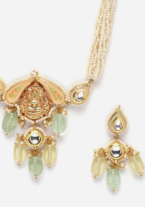 Yellow And Green Gold Plated Kundan Pearl Necklace with Earring Necklace sets