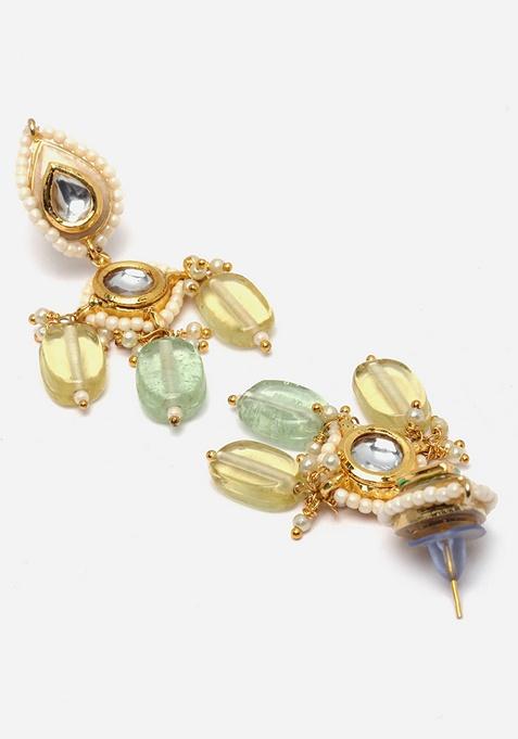 Yellow And Green Gold Plated Kundan Pearl Necklace with Earring Necklace sets
