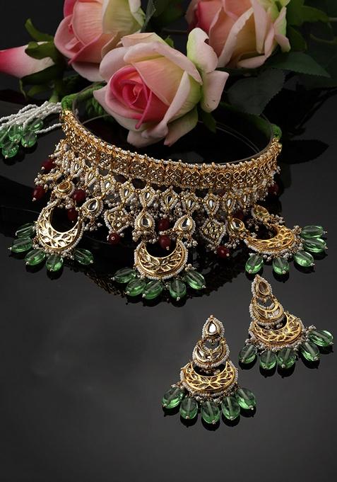 Green And Red Gold Plated Kundan Pearl Necklace with Earring Necklace sets