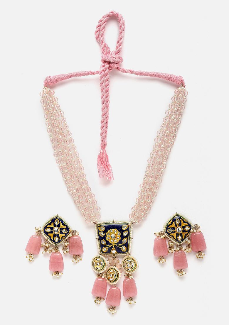 Pink And Blue Gold Plated Kundan Pearl Necklace with Earring Necklace sets