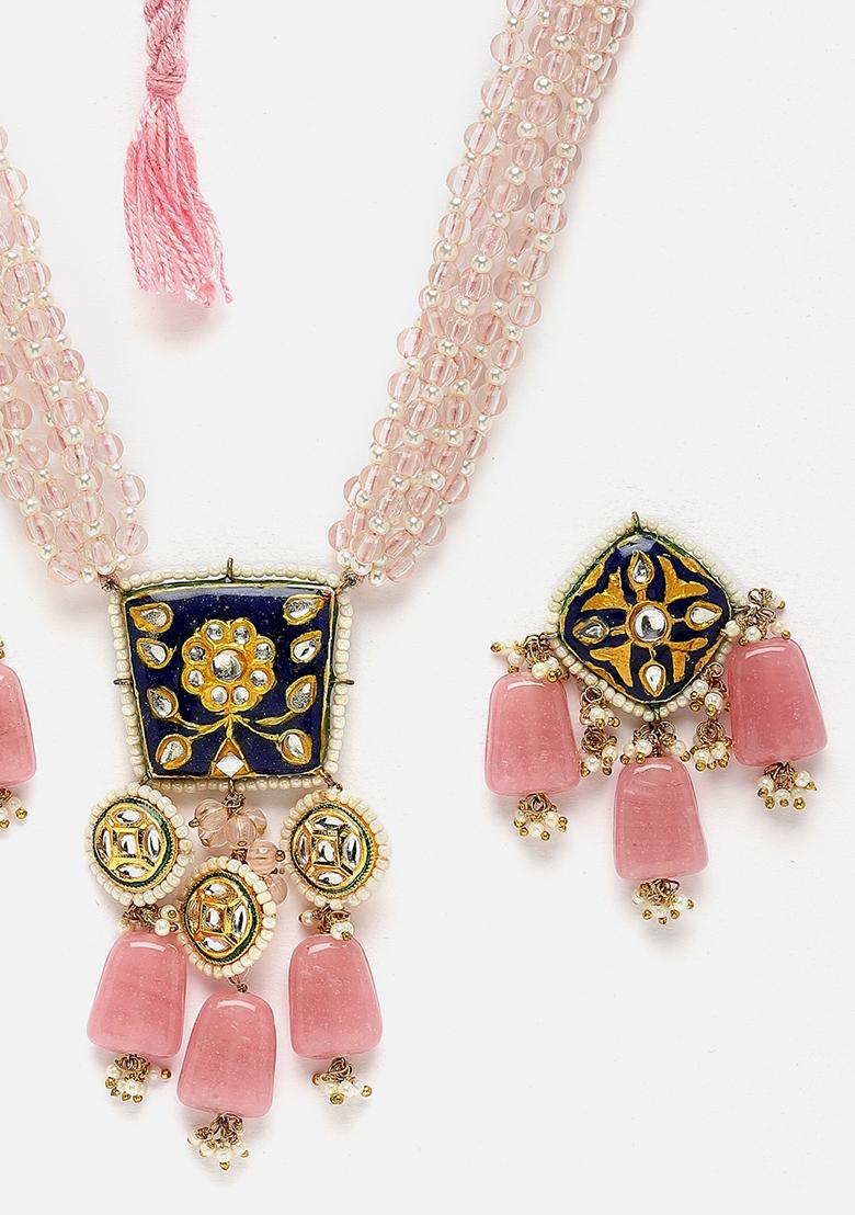 Pink And Blue Gold Plated Kundan Pearl Necklace with Earring Necklace sets