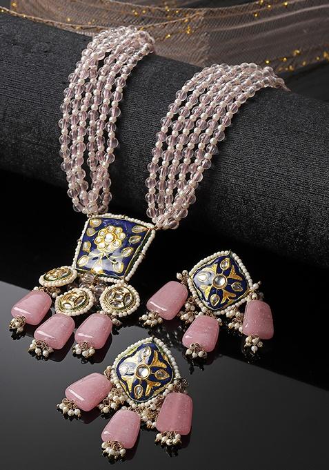 Pink And Blue Gold Plated Kundan Pearl Necklace with Earring Necklace sets