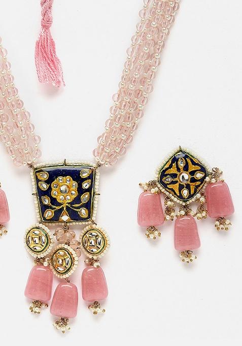 Pink And Blue Gold Plated Kundan Pearl Necklace with Earring Necklace sets