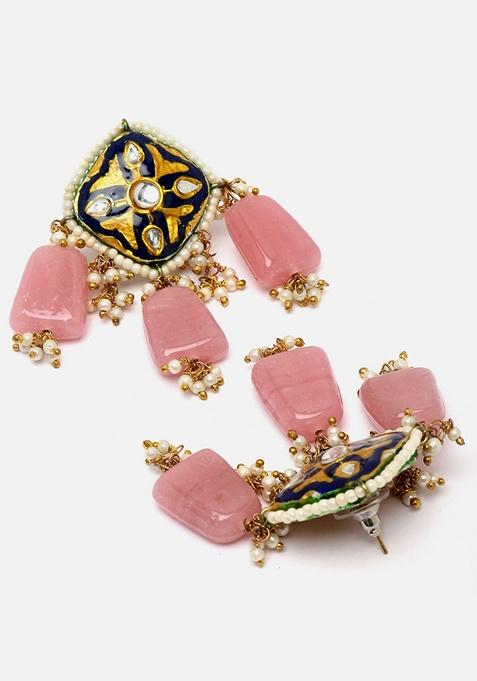 Pink And Blue Gold Plated Kundan Pearl Necklace with Earring Necklace sets