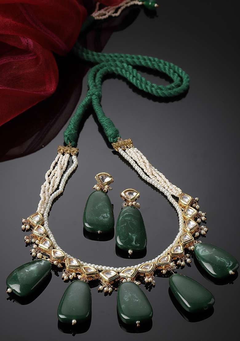 Green Gold Plated Kundan Pearl Necklace with Earring Necklace sets - Indya