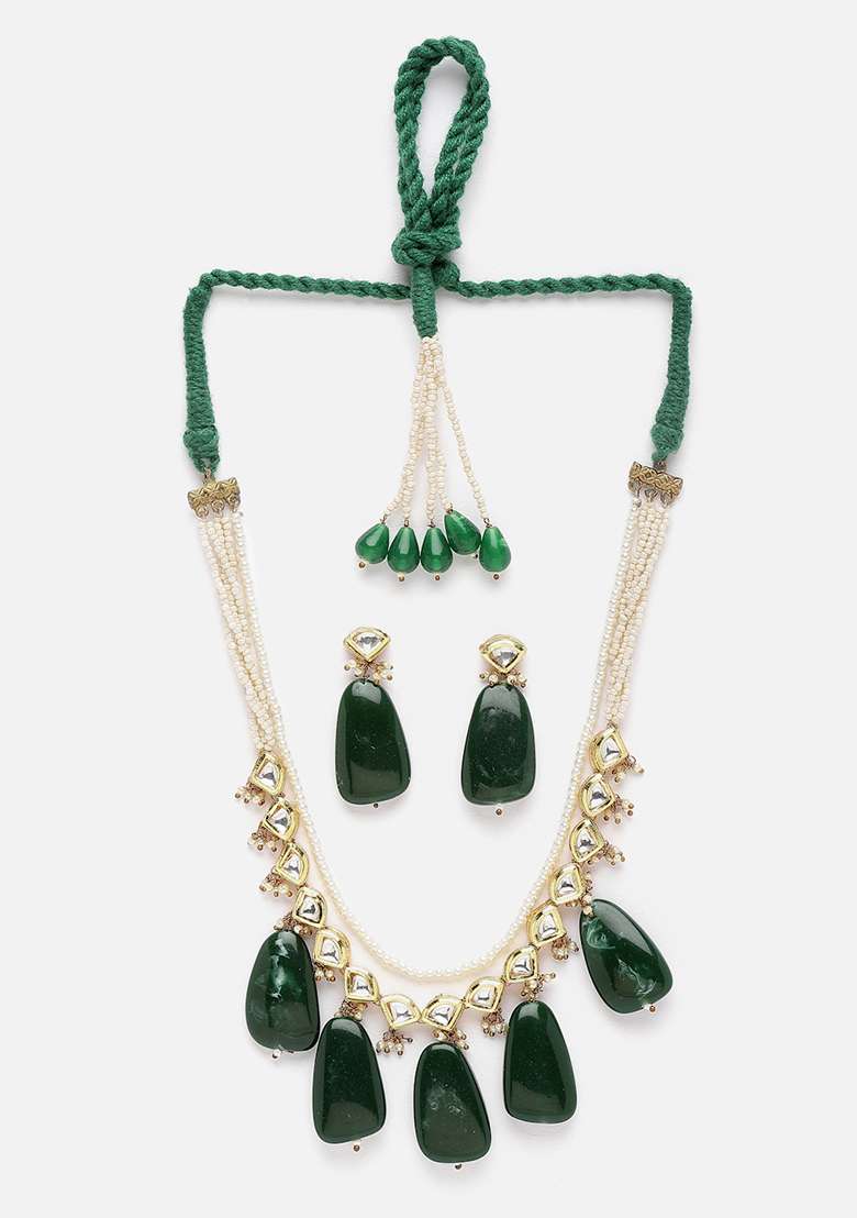 Green Gold Plated Kundan Pearl Necklace with Earring Necklace sets - Indya