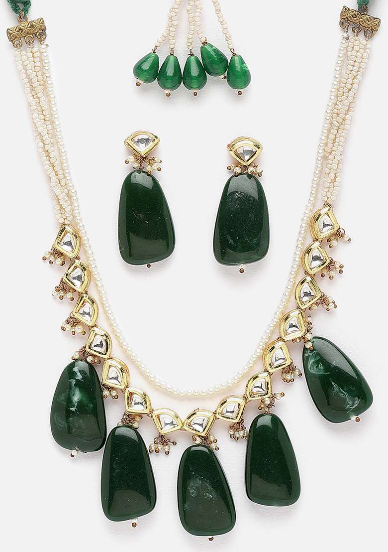 Green Gold Plated Kundan Pearl Necklace with Earring Necklace sets - Indya