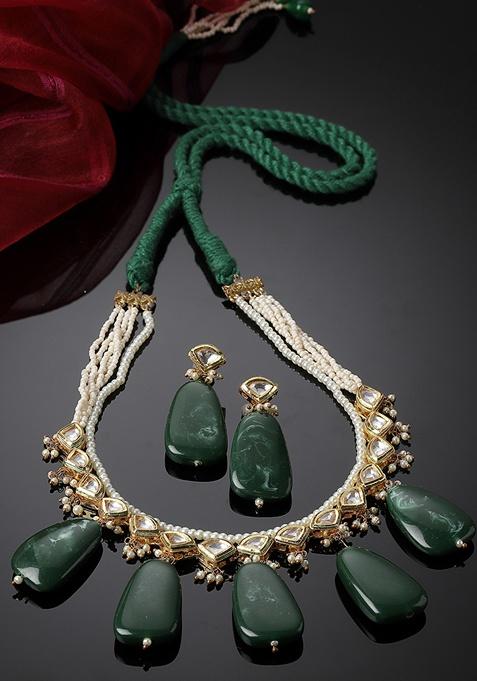 Green Gold Plated Kundan Pearl Necklace with Earring Necklace sets