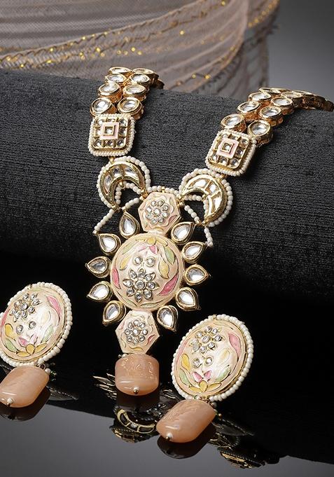 Peach And Orange Gold Plated Kundan Pearl Necklace with Earring Necklace sets