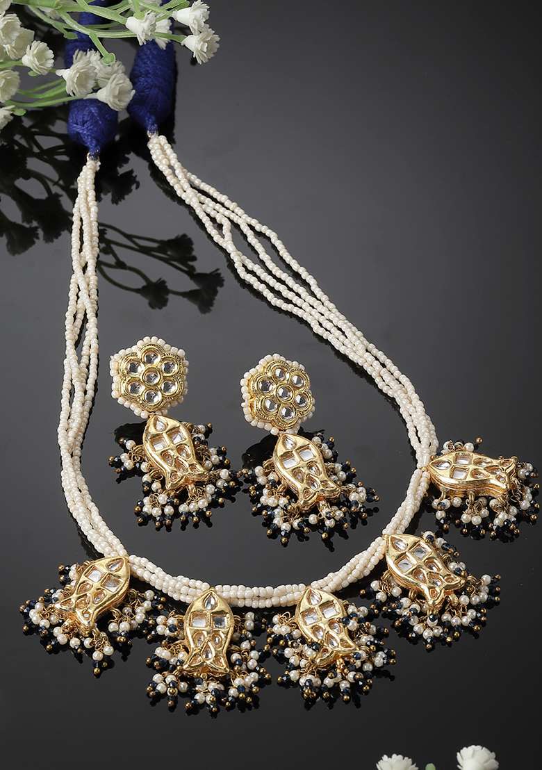 Green Gold Plated Kundan Pearl Necklace with Earring Necklace sets - Indya