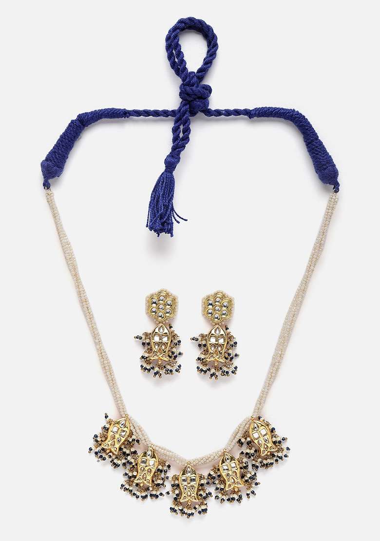 Green Gold Plated Kundan Pearl Necklace with Earring Necklace sets - Indya