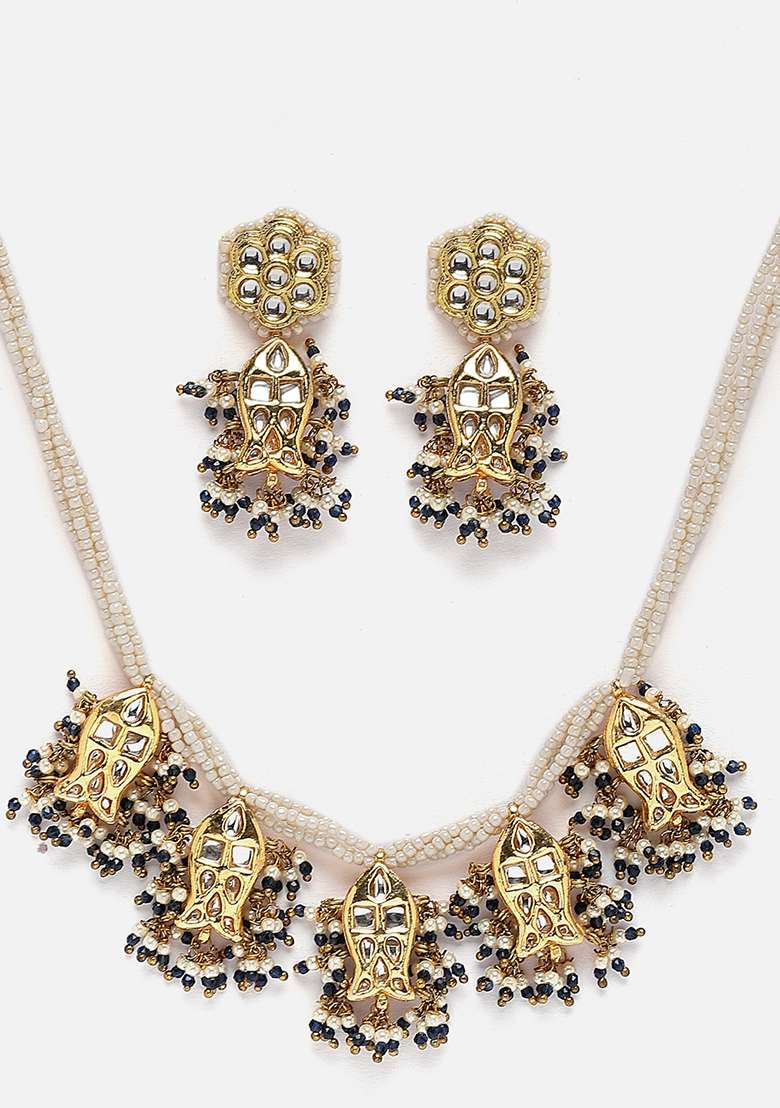 Green Gold Plated Kundan Pearl Necklace with Earring Necklace sets - Indya